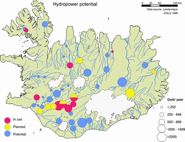 Map of hydro-power potentials is produced by Nordregio based on similar produced by Landsvirkjun, Iceland’s state-owned national power company.  Source: Energy in Iceland, published by the National Energy Authority / Ministry of Industry and Commerce, Reykjavik, September 2006. 