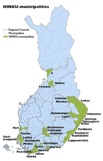 Map of Finland showing HINKU municipalities