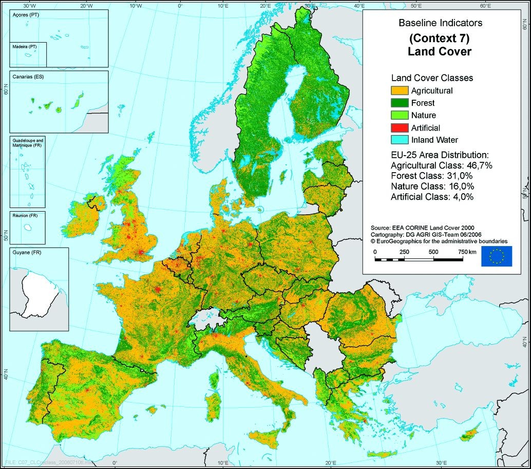 Click on picture to enlarge - Land use in the European Union. Note the limited areas for agriculture in Finland and Sweden.  