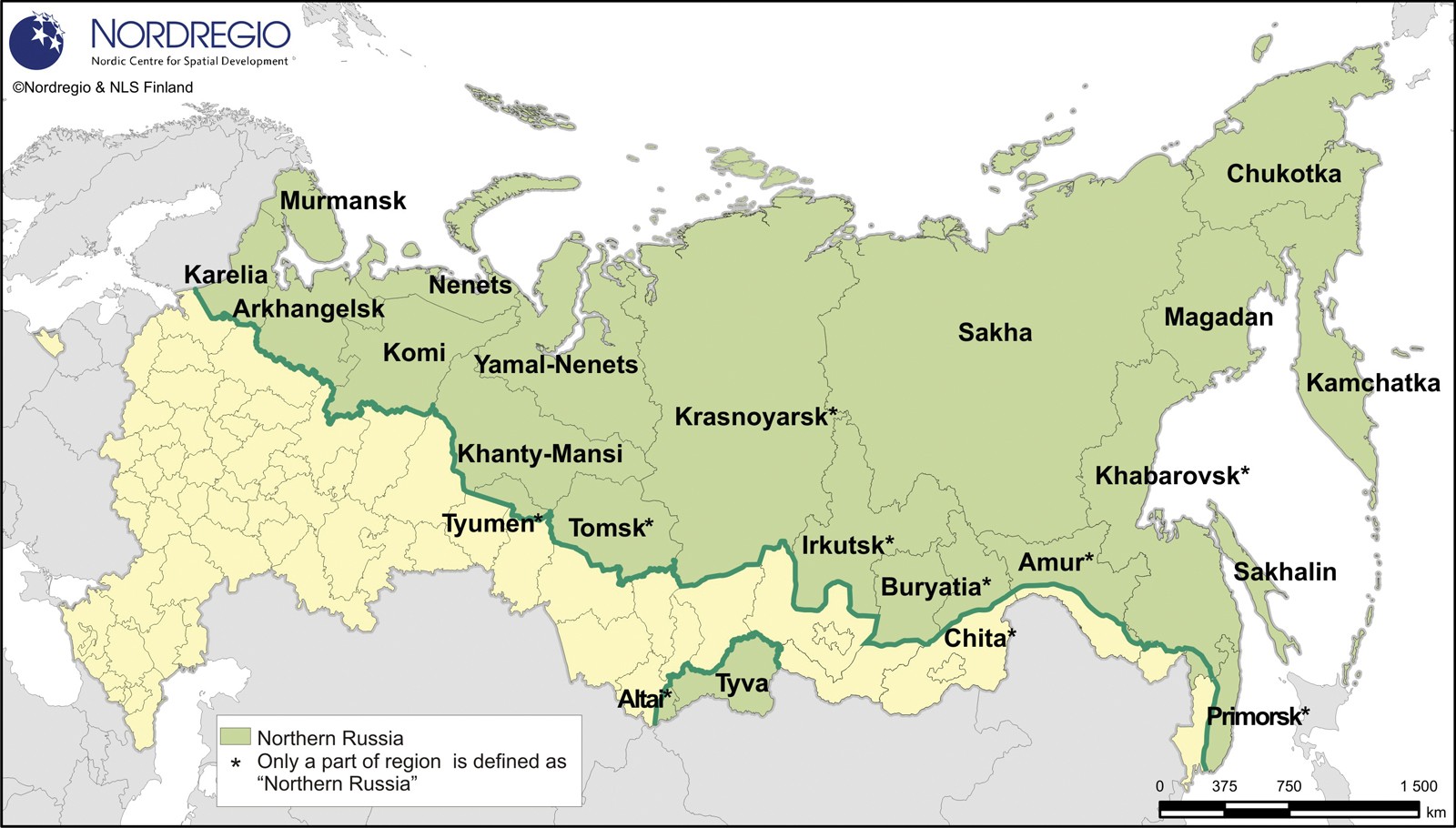 According to the current definition, 11.9 million square kilometres, or about 70% of the total territory of the Russian Federation, is defined as belonging to the North. It is important to note that the notion of the 'North' encompasses the actual 'Far North' as well as 'territories equivalent to the regions of the ‘Far North'. This emphasis on equivalency make it possible to define as 'northern' some climatically disadvantaged territories in Southern Siberia, even though they are not geographically contiguous with the rest of the North. The present boundaries of the Russian North are demarcated by a heavy green line in the map. 