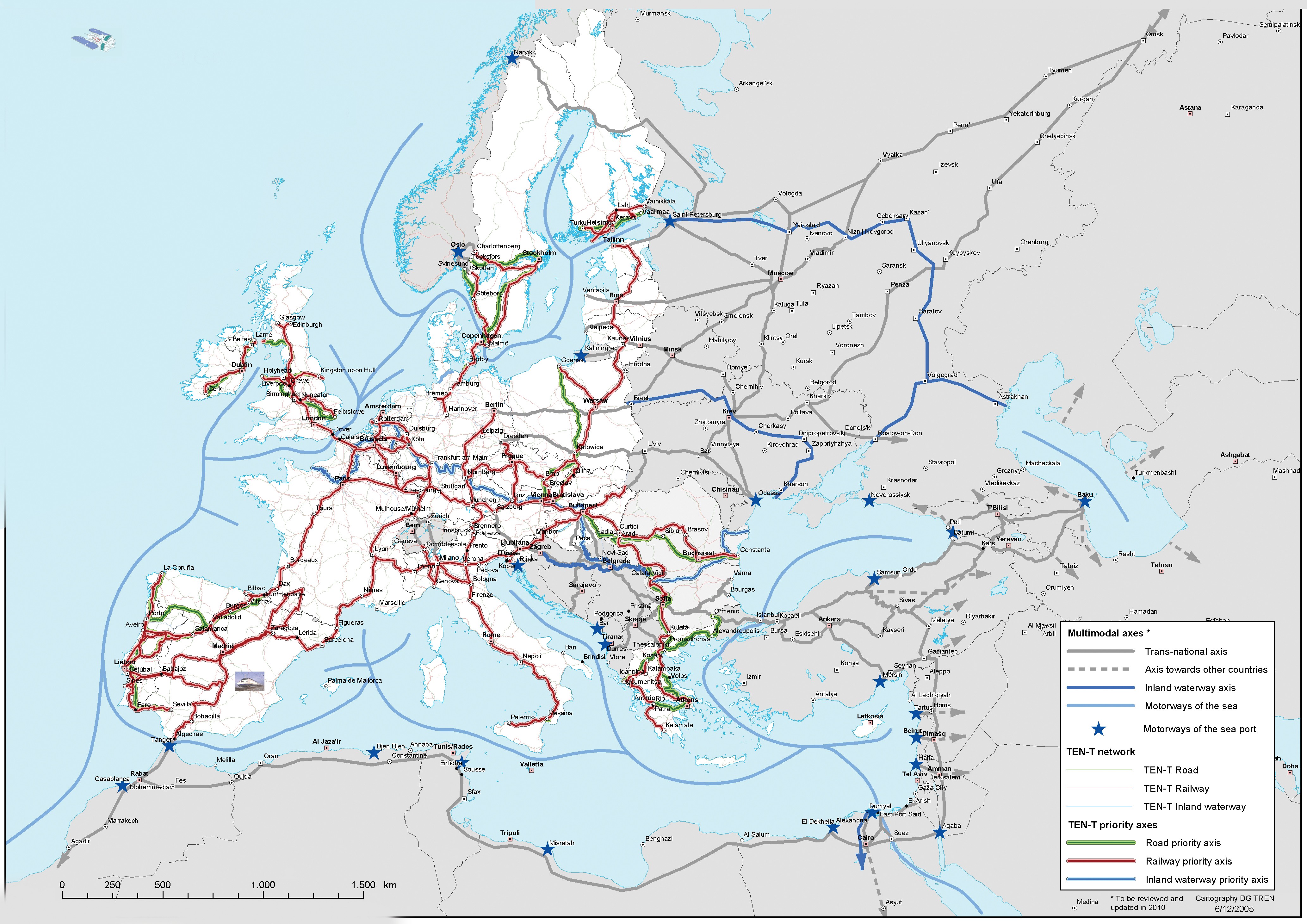 Major trans-National axes and Motorways of the Sea ports