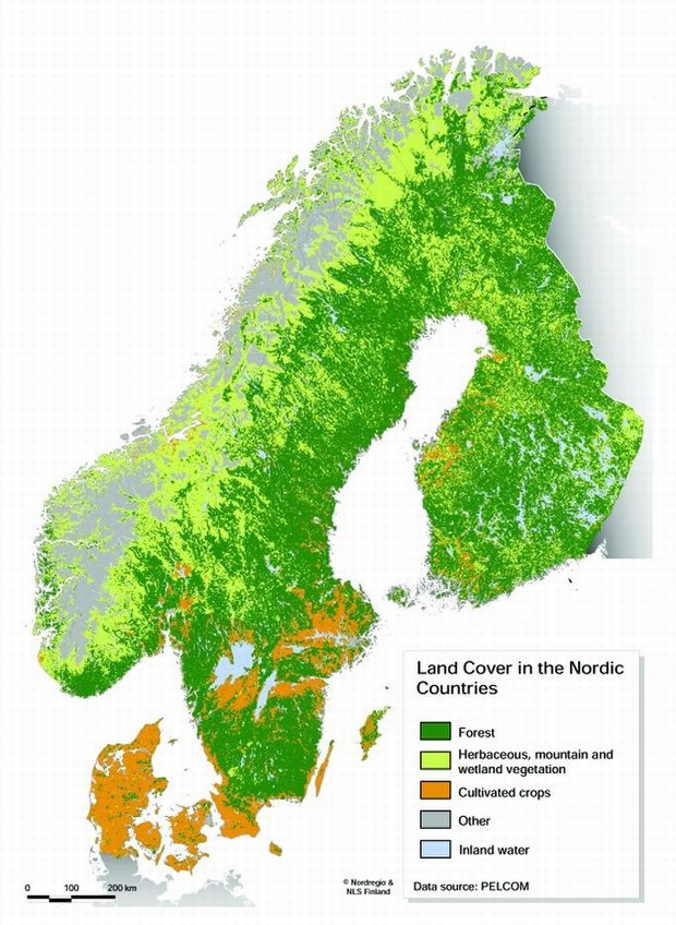Figure 2 Potential bioenergy production areas in the Nordic countries- forest, grassland and arable land.