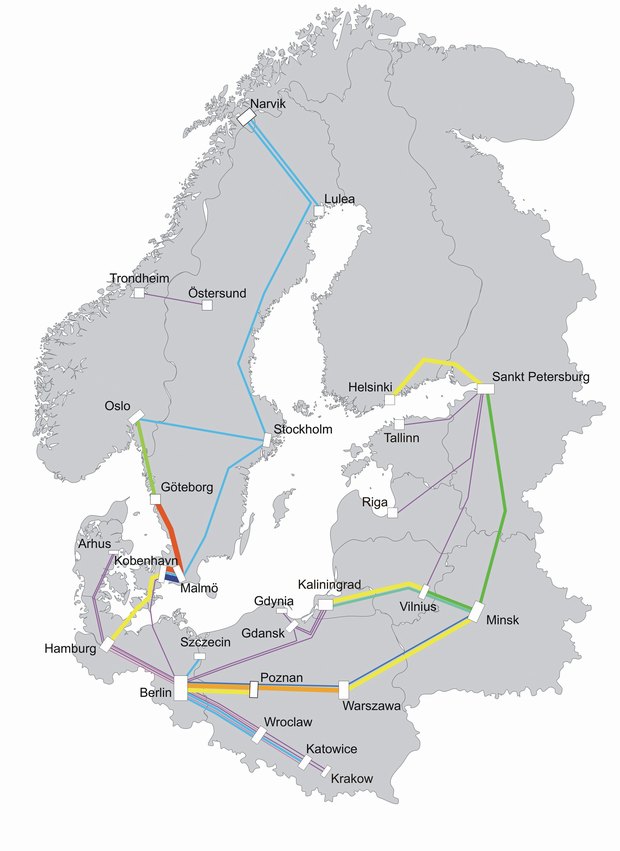 Figure 1: Route frequency on main cross-border rail connections in 2008 (weekly) Source: Deutsche Bahn (2008), RRG Spatial Planning Database