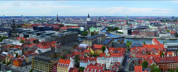 Click on picture - to see the panorama of Copenhagen - as seen from Vor Frelsers Kirke in Christianshavn. To the far left SAS Scandinavian Hotel, Amager, 26 storeys high. To the right with the white roof, the new Opera house. Photo: Rasmus Ole Rasmussen