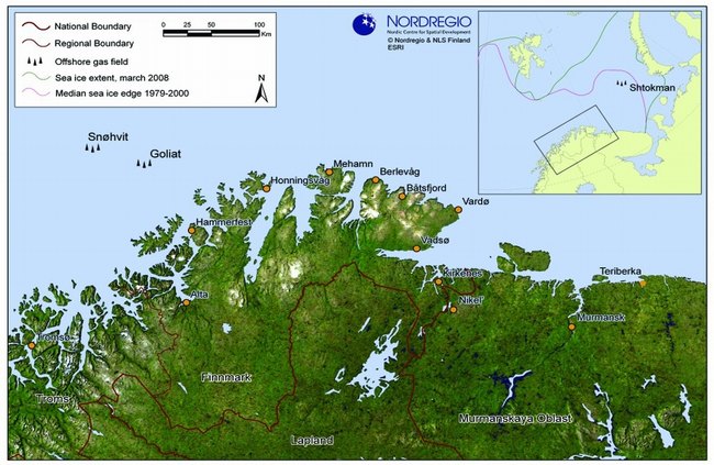 Snøhvit, Goliat and Shtokman are the known gas-potentials of the High North. While Snøhvit and Goliat are less than 200 km offshore Shtokman is some 500 km offshore.  Production at Shtokman is  planned to start in 2016 but it may be further delayed. Map by Johanna Roto Nordregio