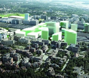 Gino Zucci´s award winning scheme for Pasila with 30-storey high buildings. Montage by Helsinki municipal urban planning office.