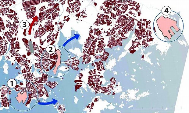 Map of Helsinki showing the relocation of the western harbour (1), the eastern harbour (2) and the railway freight-terminal at Pasila (3) to the new harbour (4). Map provided by Helsinki municipal urban planning office.  